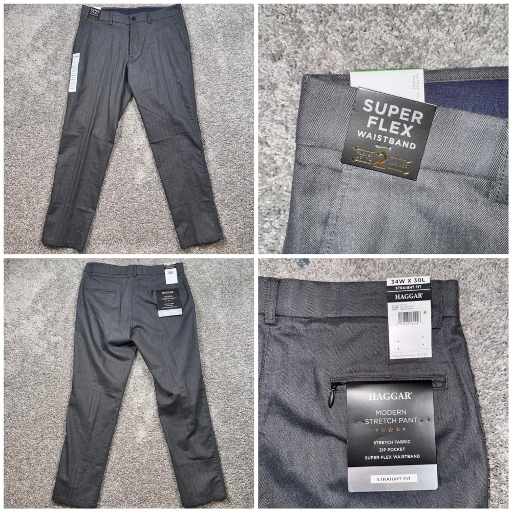 Haggar Modern Stretch Pant Mens Straight Herringbone Grey 34x30 NEW
